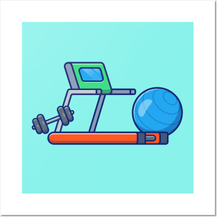 Treadmill, Dumbbell And Fitness Ball Cartoon Posters and Art